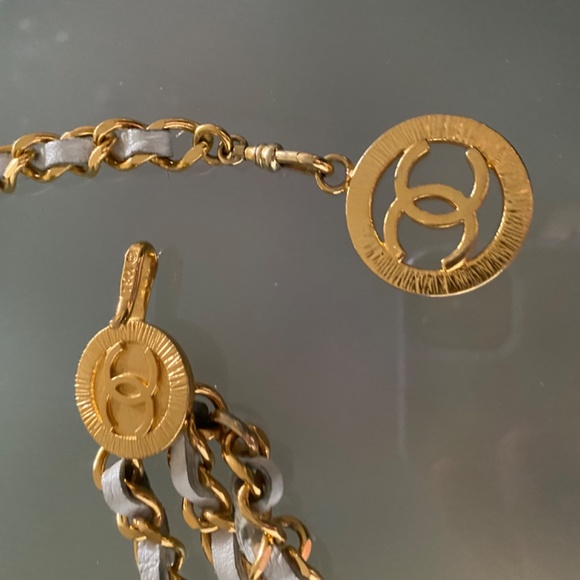 CHANEL CC Logo Charm Chain Belt Leather Gold White with box SMALL - Picture 6 of 10